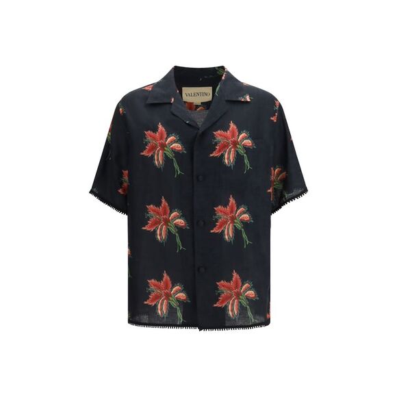 Valentino Men Papier Floral Print Linen Bowling Shirt